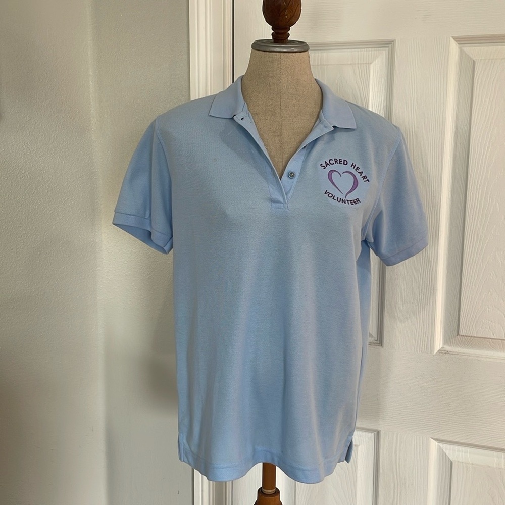 Port Authority Light Blue Polo Shirt Sacred Heart volunteer Logo short sleeve S